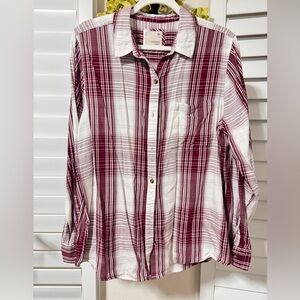 So. Size XL. Burgundy and White Plaid Shirt